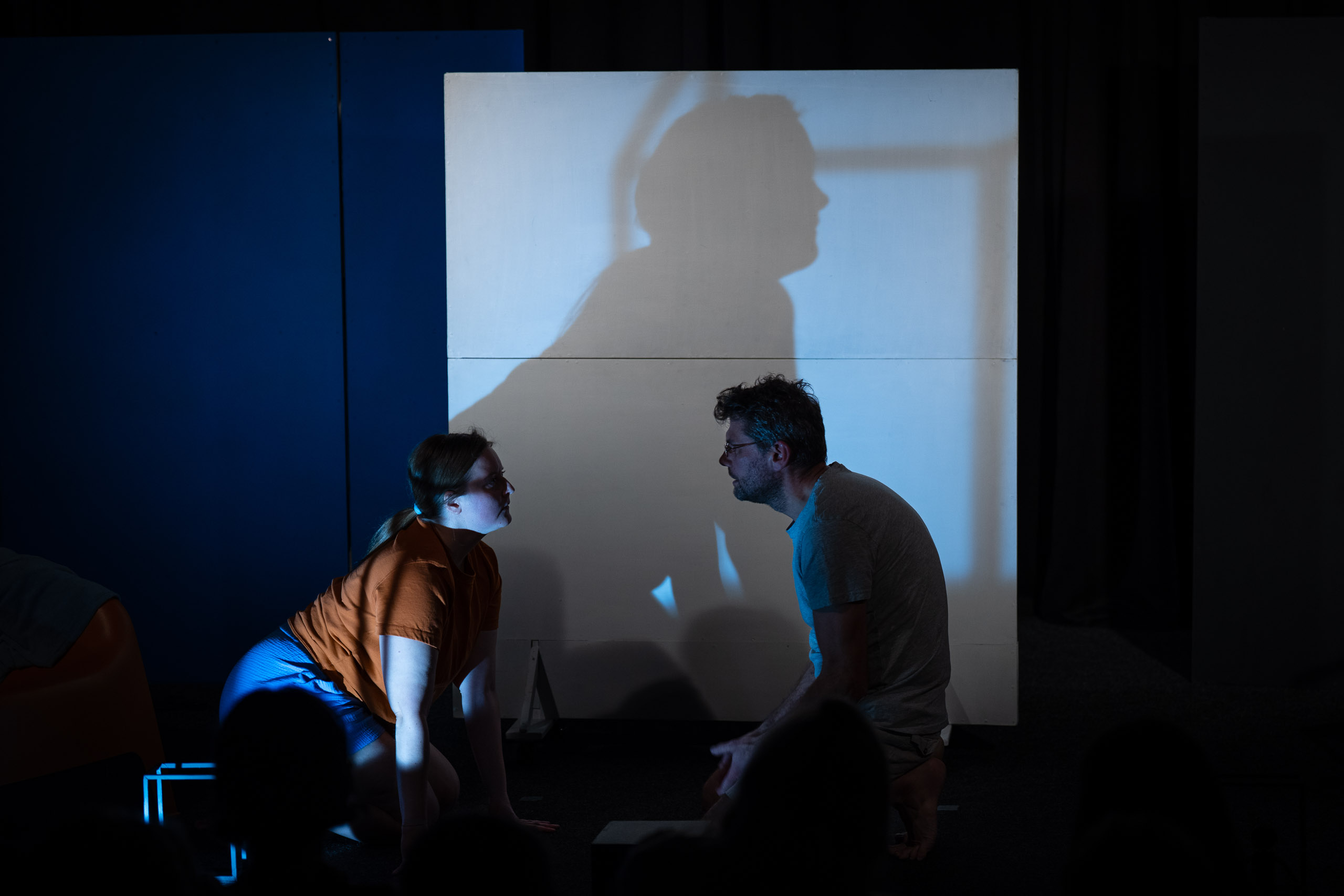 A woman and a man are on stage, facing each other, with shadows